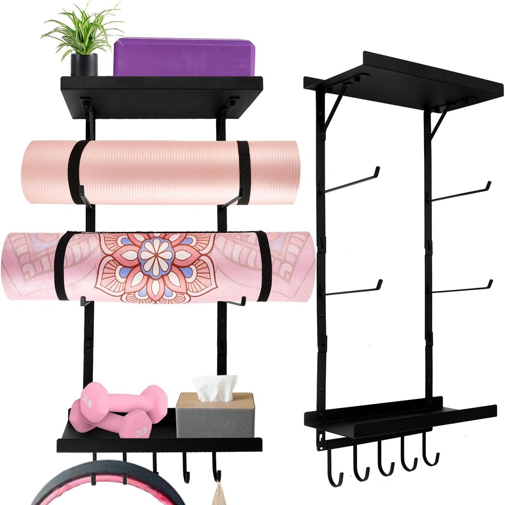 Yoga Mat Holder Wall Mount, Yoga Mats Rack with Double Floating Shelves, Yoga…