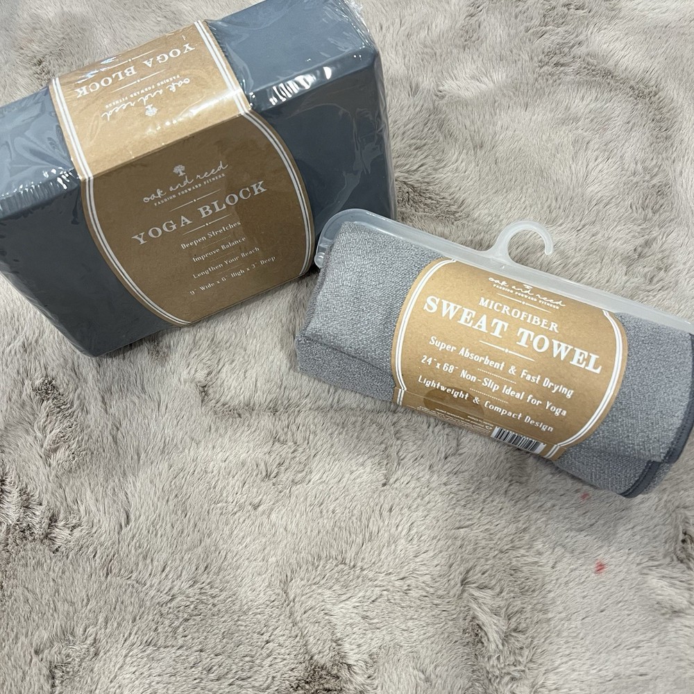 Oak & Reed Lot Of Grey Yoga Block & Microfiber Sweat Towel New