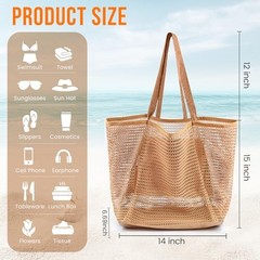 Beach Bags for Women, Summer Travel Mesh Tote Bag with Large Inner Pocket, Tan