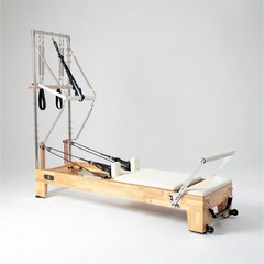 Pilates Reformer with Adjustable Tower, Foot Bar, Beige Wood Frame