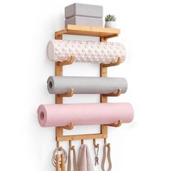 4 Tier Wooden Yoga Mat Holder Wall Mount, Yoga Mat Storage Rack, Home Gym Equ…