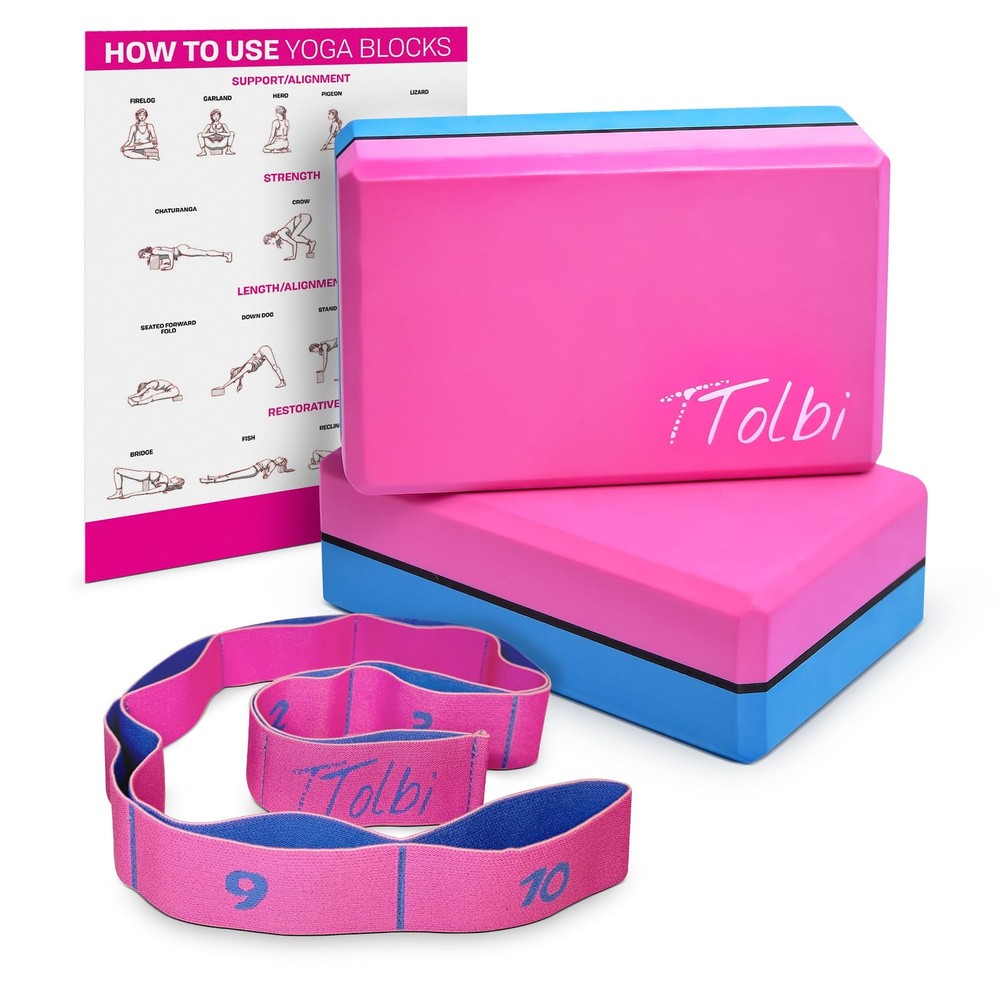 Yoga Blocks 2 Pack with Strap & Guide – Pink/Blue & Stretch Band Pink
