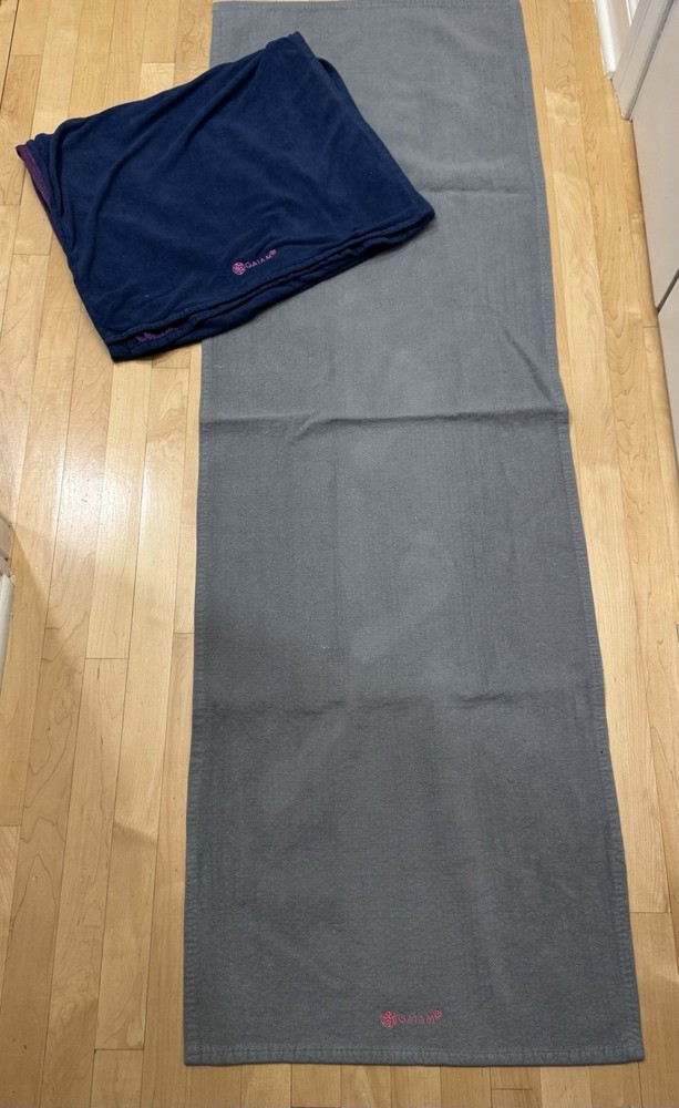 TWO Yoga Mat Towel by Gaiam 66” x 21” Non-Slip Purple/Blue AND Gray/Pink