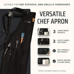 Chef and BBQ Apron with Bottle Opener and Hand Towel – 10oz Cotton Black