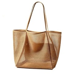 2026 Mesh Beach Bag for Women, Large Beach Tote Pool Bag with Zipper Khaki
