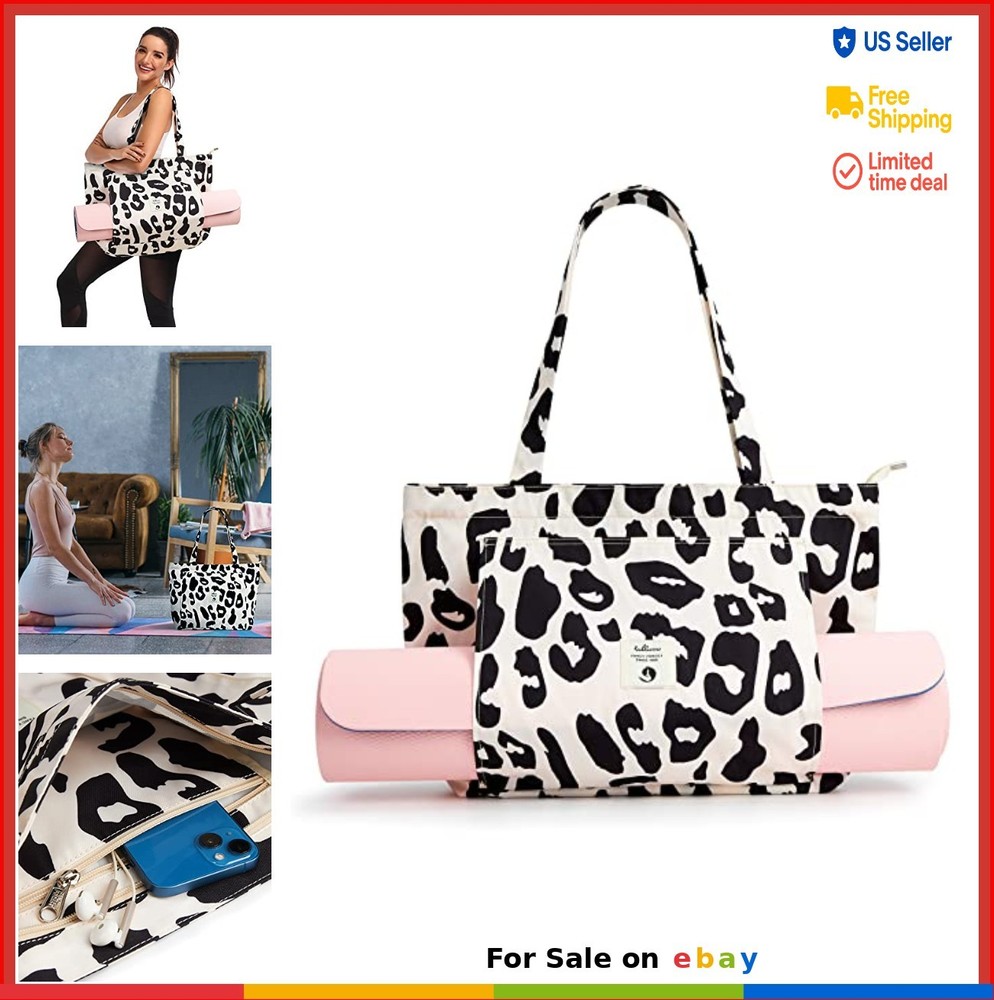 Large Yoga Mat Bag Cotton Canvas Tote Carrier for Gym with Zipper Leopard