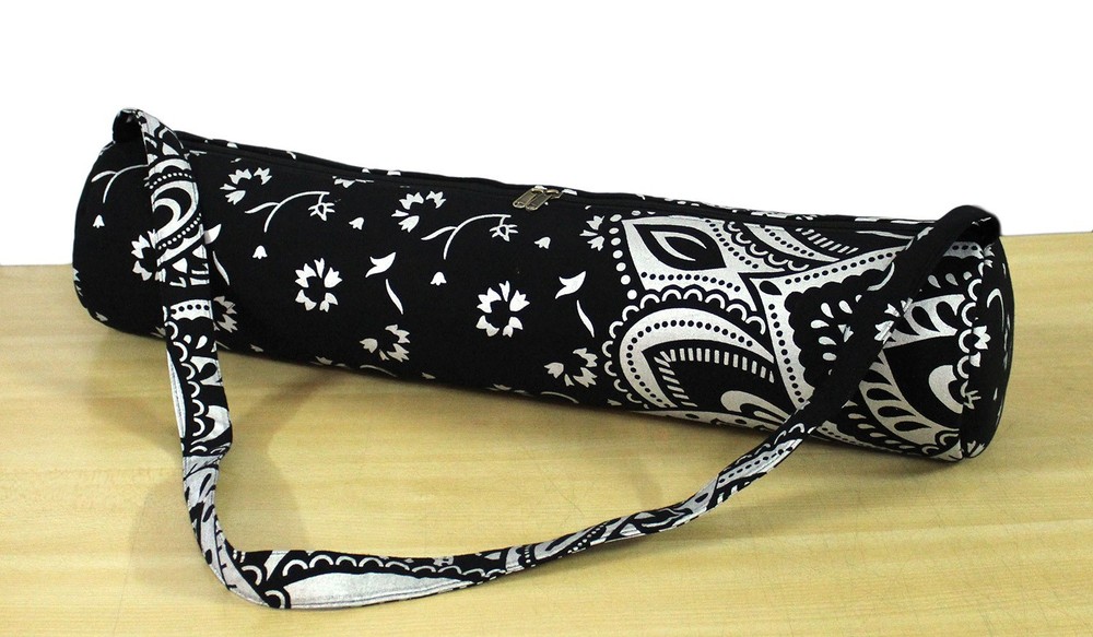 Indian Black Silver Ombre Yoga Mat Carrier Bag Mandala Large Shoulder Strap
