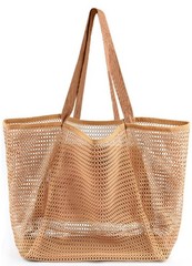 Beach Bags for Women, Summer Travel Mesh Tote Bag with Large Inner Pocket, Tan