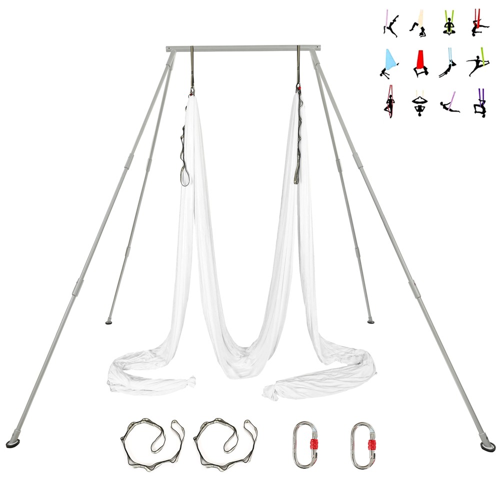 Portable Aerial Stand Yoga Swing Bar w/39Ft White Aerial Silk 551lbs Yoga Frame