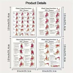 4pcs Chair Yoga Posters for Seniors Easy-to-Follow Charts for Balance & Strength