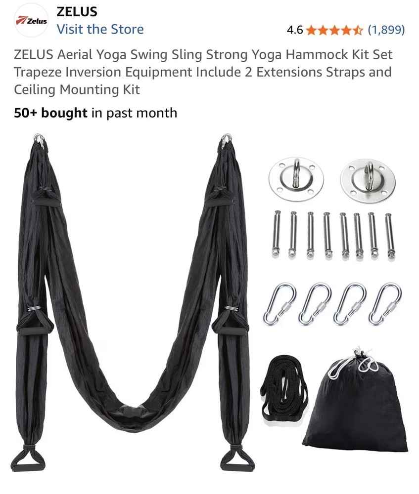 ZELUS Yoga Swing Black Retractable Buckles Kit w/ Straps, Hooks, Bag