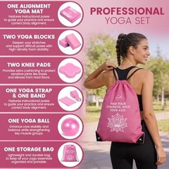 Foldable Yoga Mat and Blocks Set for Women with 2 Pack Yoga Blocks and Pink