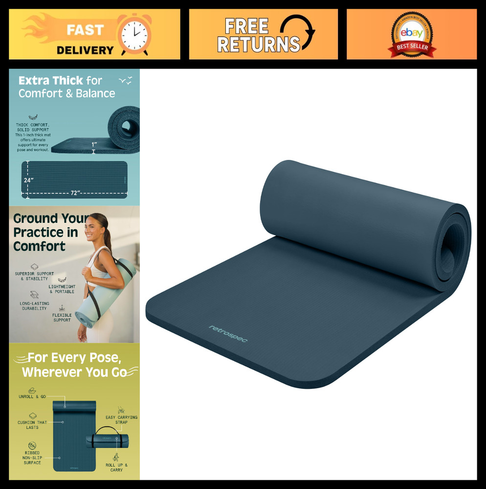 1″ Thick Non-Slip Yoga Mat with Nylon Strap for Home Fitness, Pilates & Stretchi