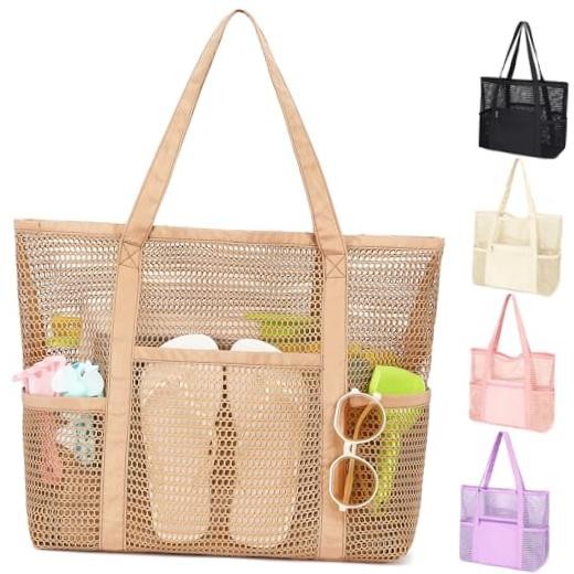 Mesh Beach Bag for Women, Summer Straw Tote Hobo Pool Bags Multi-pocket B, Tan
