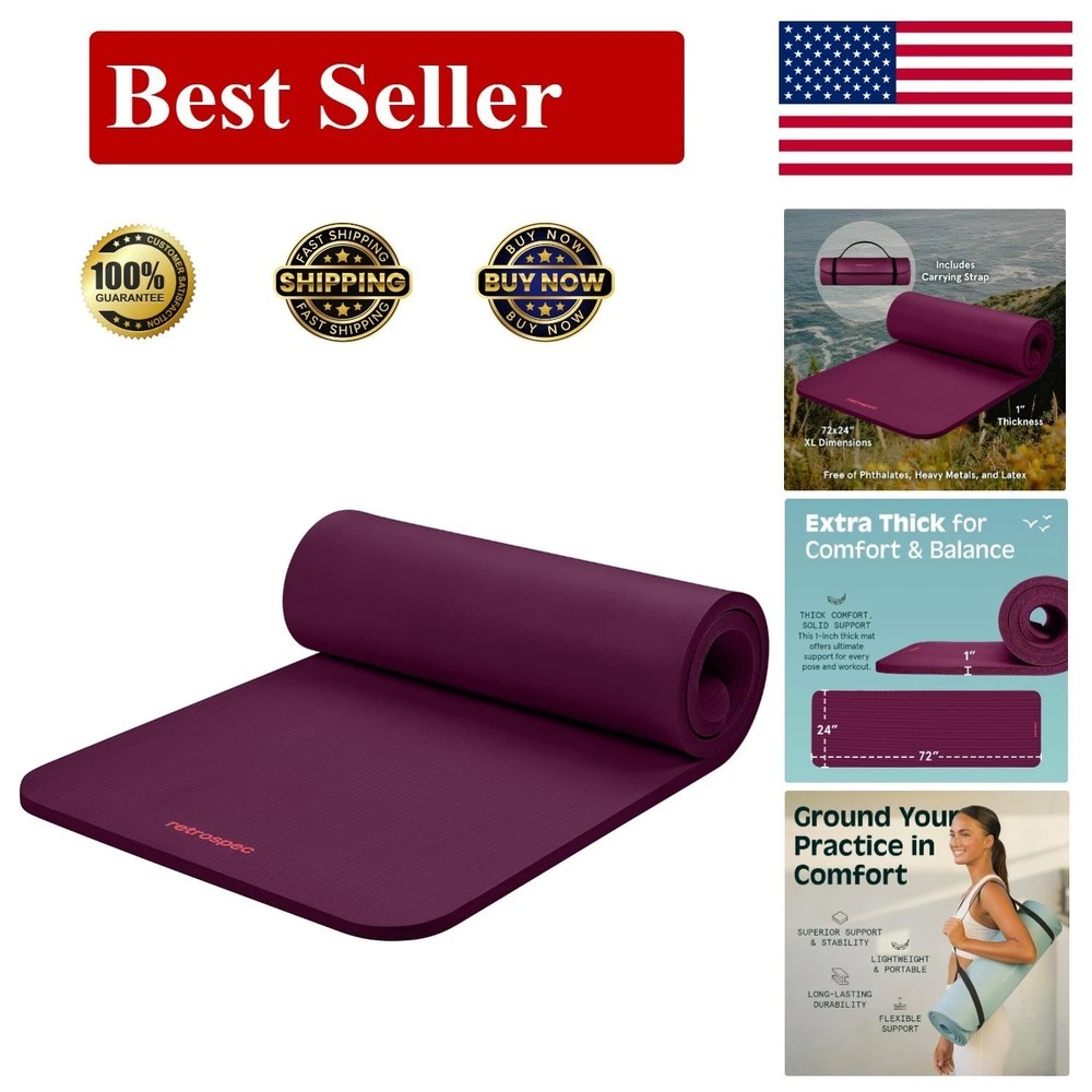 Boysenberry Solana Yoga Mat 1″ Thick – Durable Non-Slip Exercise Mat with Strap