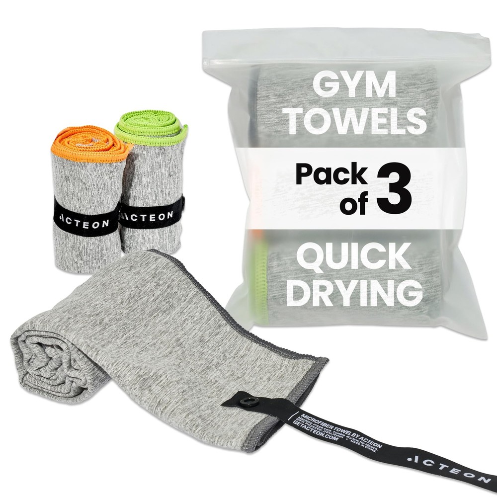 Acteon Microfiber Quick Dry Gym Towel, Silver ION Pack of 3, Heather Grey