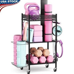Yoga Mat Storage Rack Home Gym Organizer Metal Fitness Equipment Holder Wheels