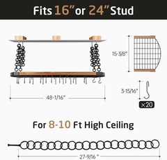 48 Inch Large Hanging Pot Rack Ceiling Mount with 130Lb High-Capacity, Ceiling P