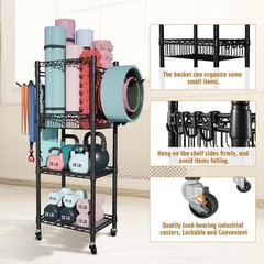Home Gym Storage 3 Tiers Workout Equipment Organizer W/ Wheels Yoga Mats Foam