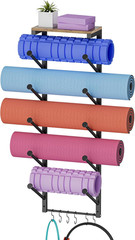 5-Tier Yoga Mat Holder Rack Wall Mount with 6 Hooks & Floating Shelf