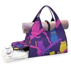 Yoga Gym Bag for Women, Cute Cat Gym Bag with Yoga Mat Holder, Purple Duffel