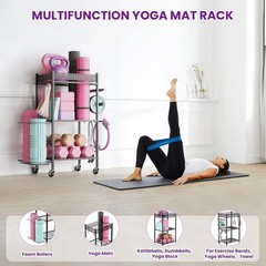 Portable Yoga Mat Storage Organizer with 360° Wheels & Hooks for Gym Gear