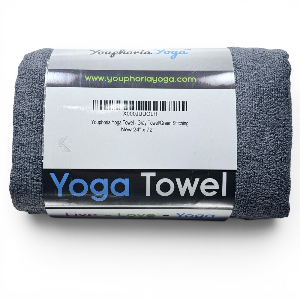Youphoria Yoga Towel 24×72 Gray Microfiber Non Slip Hot Yoga Mat Towel Green NWT