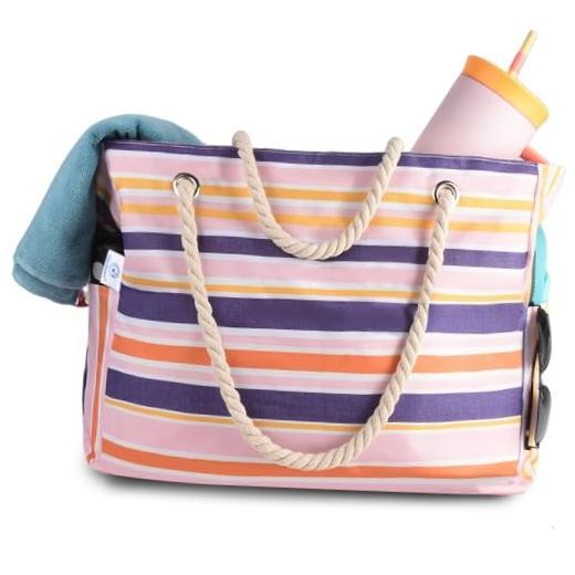 Beach Bag for Women, Large Waterproof Sandproof Beach Tote with Zipper Pink2