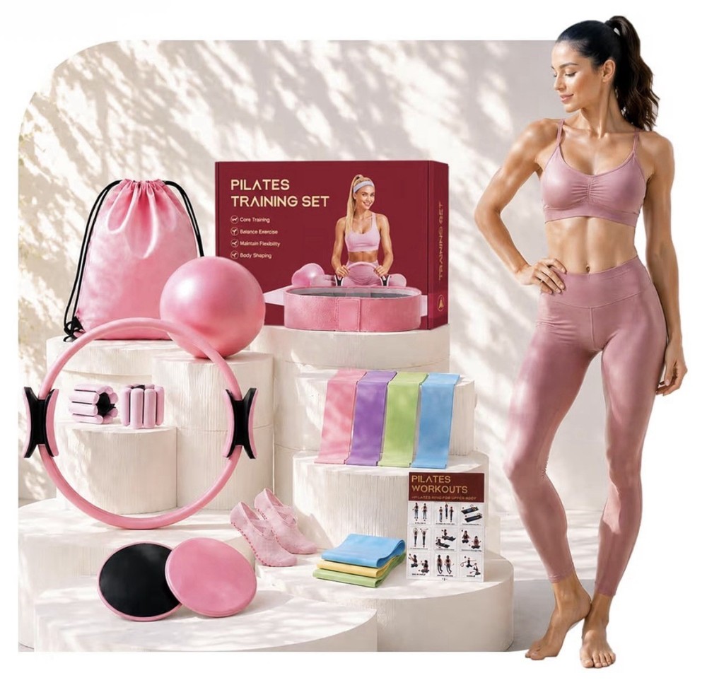 15-in-1 Pilates Training Set Pink w/ Ring Ball Bands Ankle Weights Sliding Discs