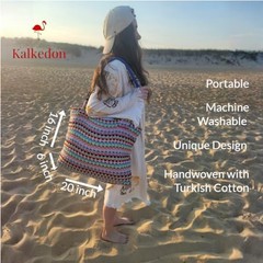 Large Boho Beach Tote Bag Handwoven Turkish Cotton Multicolor Summer Shoulder