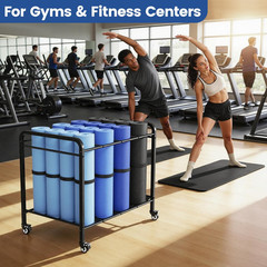 Black Yoga Mat Storage Rack Basket with Wheels, Floor-Standing Metal Yoga Mat Ca