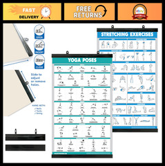 Yoga Poses & Stretching Exercise Poster Set – Laminated 2 Chart Set (18″x24″)