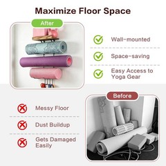 Yoga Mat Holder Wall Mount Organizer – Storage Rack with 4 Hooks & Shelves for H