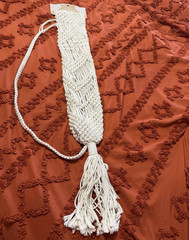 White Boho Macrame Yoga Mat Bag, Fringe Accent, No Buckle