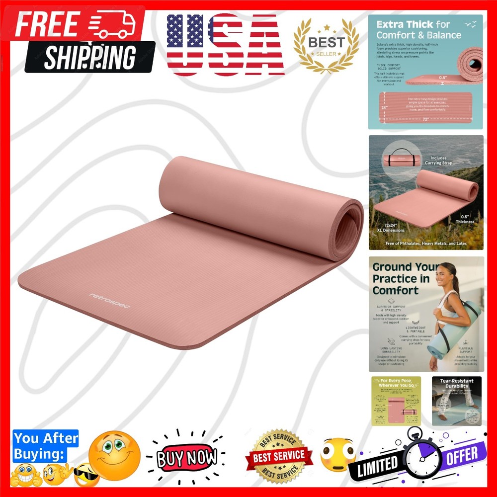 Solana Yoga Mat Thick 1/2in Non-Slip Workout Mat with Nylon Strap – 72x24in E…