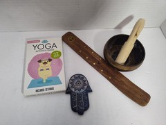 Set Of 4 Yoga Decor – Dog Yoga Cards, 2 Incense Holder And Singing Bowl