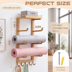 4 Tier Wooden Yoga Mat Holder Wall Mount, Yoga Mat Storage Rack, Home Gym Equ…