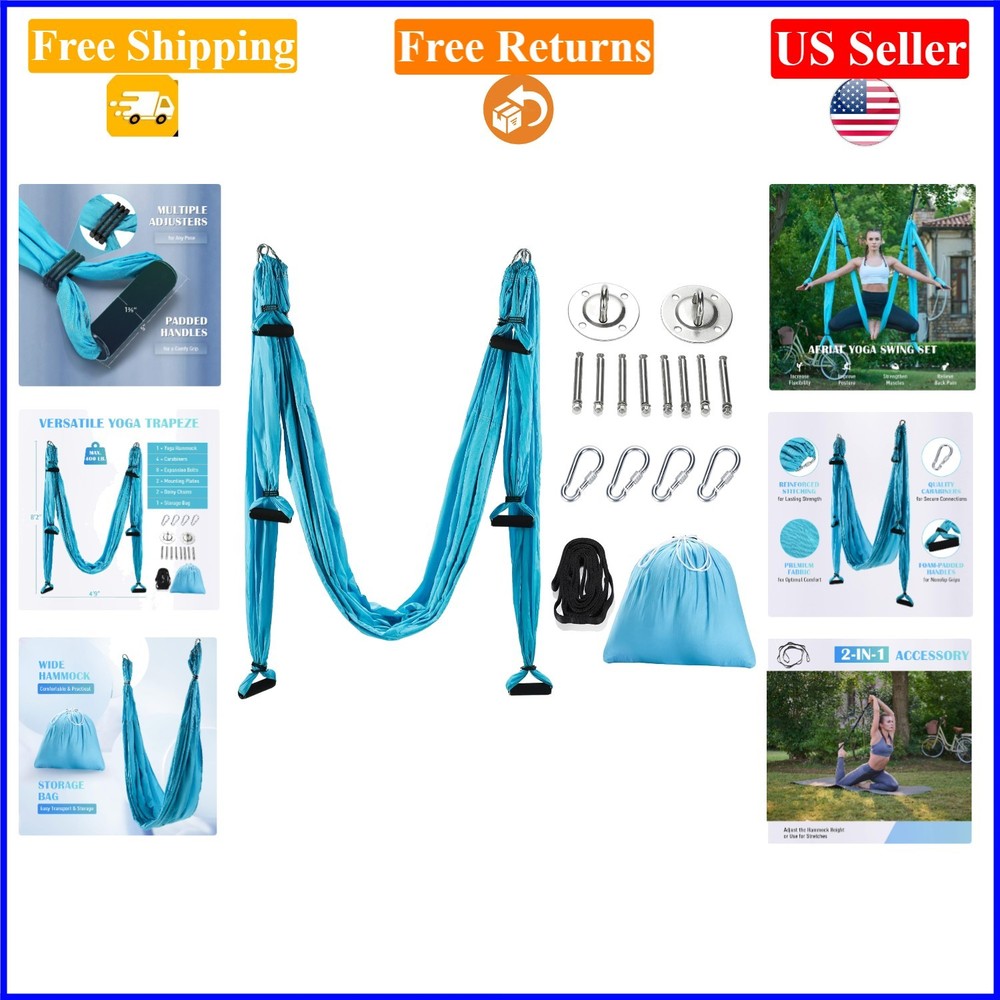 Blue Aerial Yoga Swing Kit, Supports 400lb, Includes Mounting & Extensions