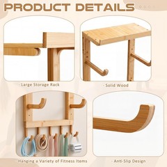 4 Tier Wooden Yoga Mat Holder Wall Mount, Yoga Mat Storage Rack, Home Gym Equ…