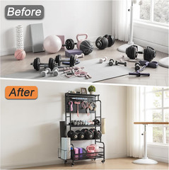 56” Home Gym Storage Rack with Wheels, Yoga Mat & Dumbbell Organizer