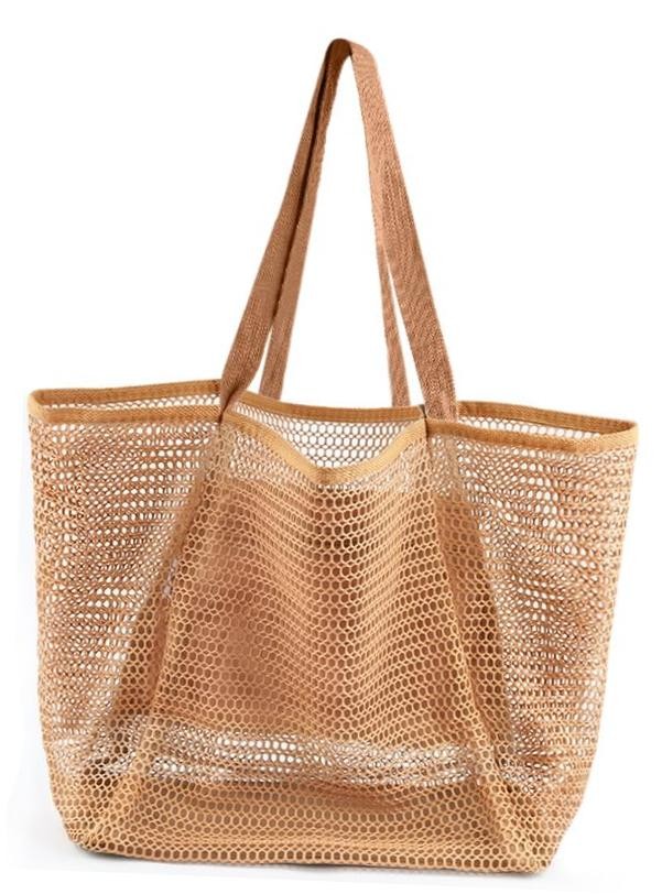 Beach Bags for Women, Summer Travel Mesh Tote Bag with Large Inner Pocket, Tan