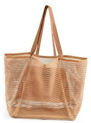 Beach Bags for Women, Summer Travel Mesh Tote Bag with Large Inner Pocket, Tan