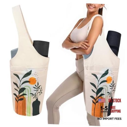 Yoga Mat Bag Carrier for Women with Side Large Pocket Durable Linen Boho Plants