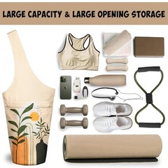 Yoga Mat Bag Carrier for Women with Side Large Pocket Durable Linen Boho Plants