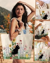 Large Tote Bag for Women – Canvas Tote Bag with Zipper Aesthetic Grass Cat