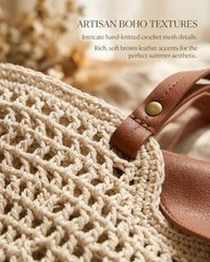 Crochet Beach Bags for Women, Reinforced Strap Woven Tote Bag with Beige