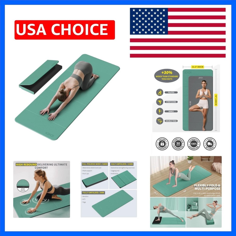 Foldable Extra Large Yoga Mat 74″×31.5″, 8mm Double-Sided Non Slip Lightweigh…