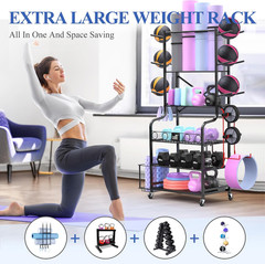 Yoga Mat and Equipment Storage Rack with Hooks and Wheels for Home Gym