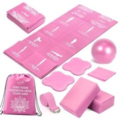 Foldable Yoga Mat and Blocks Set for Women with 2 Pack Yoga Blocks and Pink