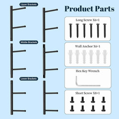 Yoga Mat Holder Wall Mount with 12 Straps, 6 Tier Metal Yoga Mat Storage Rack Ho